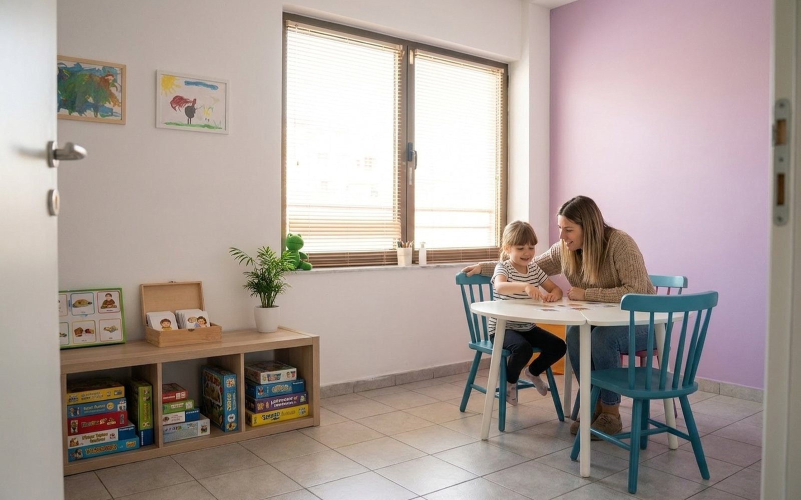 Θεραπεύτρια και παιδί σε δραστηριότητα με κάρτες, μονάδα Μεταμόρφωσης